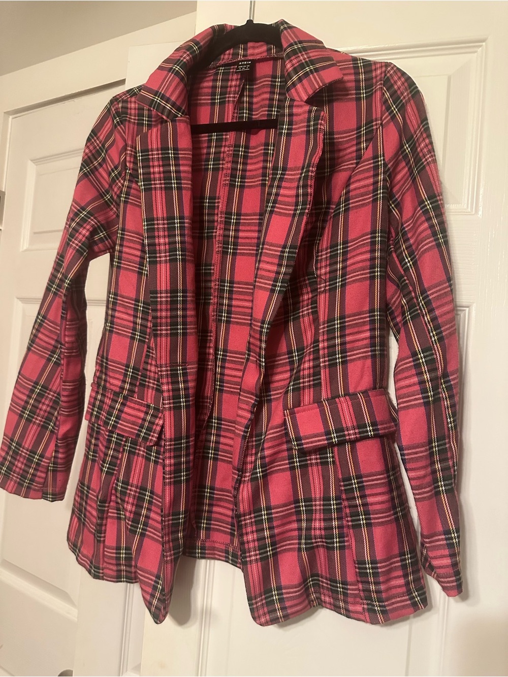 SHEIN Pink Plaid Blazer Jacket with Black Accents
